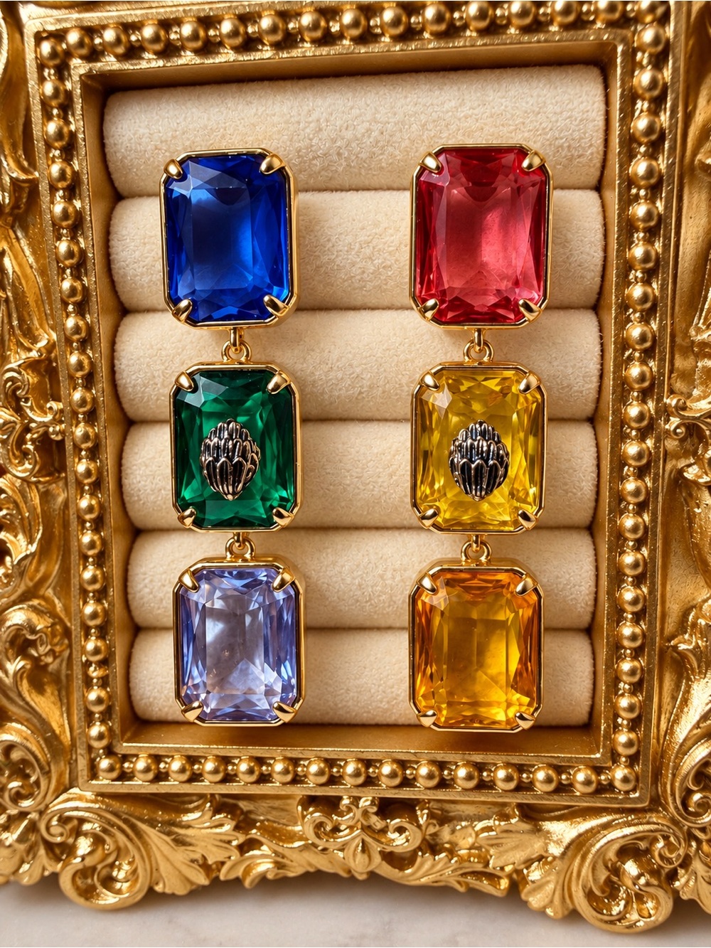 Kurt Geiger Multicolor Drop Earrings with Gold Frames Eagle head